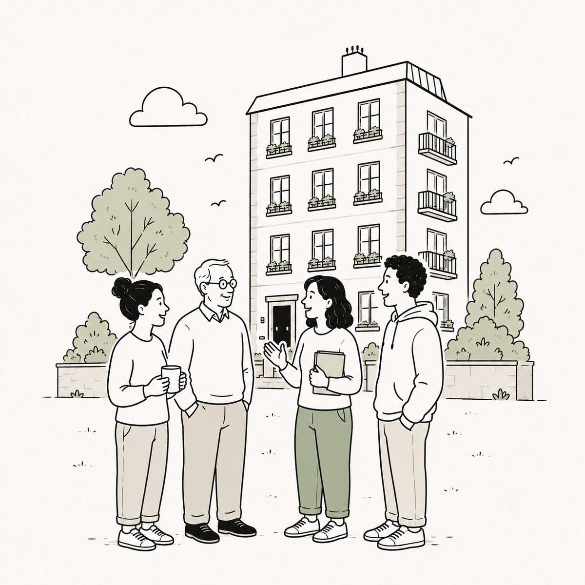 Illustrated London apartment building with residents' planters